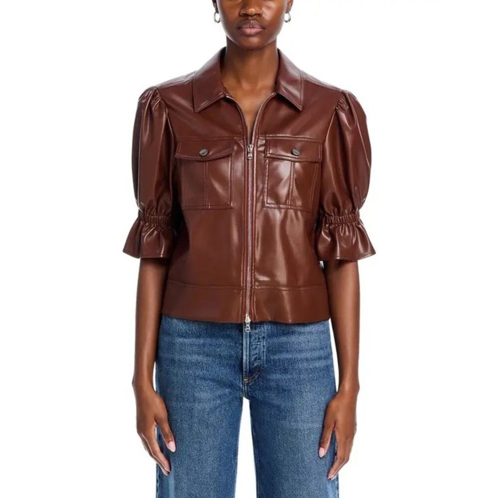Cinq à Sept Women Espresso Vegan Leather Luxury Short Puff Sleeve Jacket Size M - Picture 2 of 10